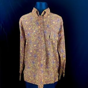 1970s Womens Profile Ski Shirt L Pullover Nylon Brown Psychedelic Floral